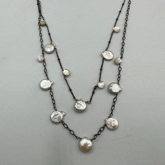 Athena Designs Coin Pearl Necklace Sterling Silver Freshwater Layered 18 Inch - Picture 2 of 12